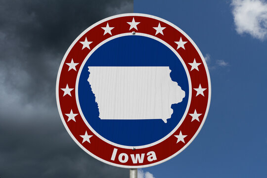 Iowa map with stars on a US red, white and blue road sign