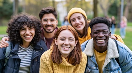 Obraz premium Diverse group of happy young friends smiling outdoors in park