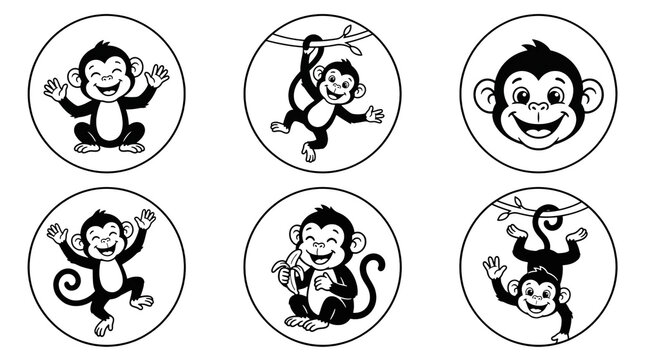 Six cute cartoon monkey characters in various poses showing happy expressions and playful movements designed as circular vector icons for children projects and educational materials isolated on transp