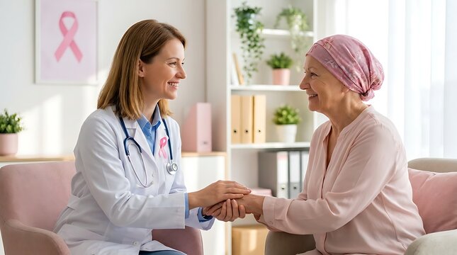 Supportive doctor holding hands of elderly patient with cancer in bright medical office as sign of empathy and hope with breast cancer awareness symbol displayed on wall art.