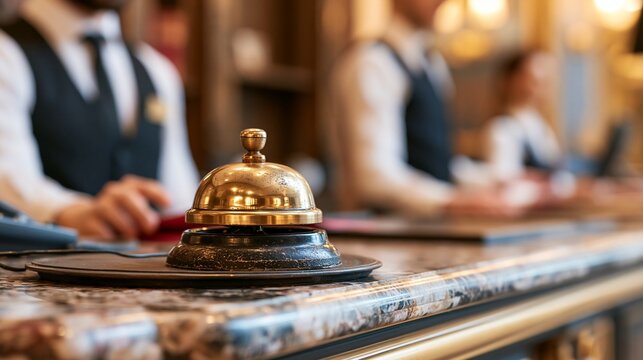 Elegant hotel reception desk with service bell and attentive staff in uniform