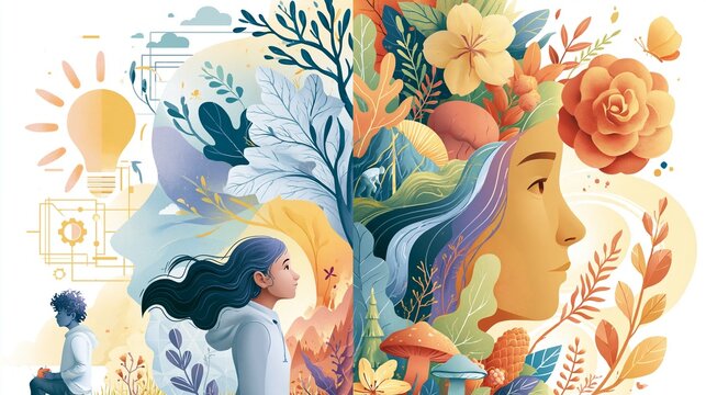 Creative Human Mind Concept Illustration with Nature and Technology Elements