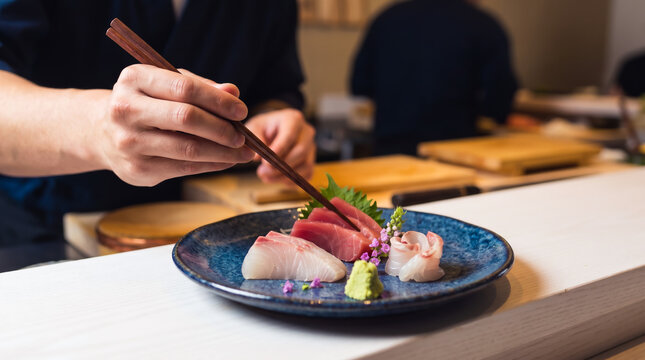 料理人によって高級な器に盛り付けられた鮮度の良い刺身