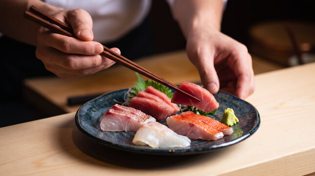 料理人によって高級な器に盛り付けられた鮮度の良い刺身
