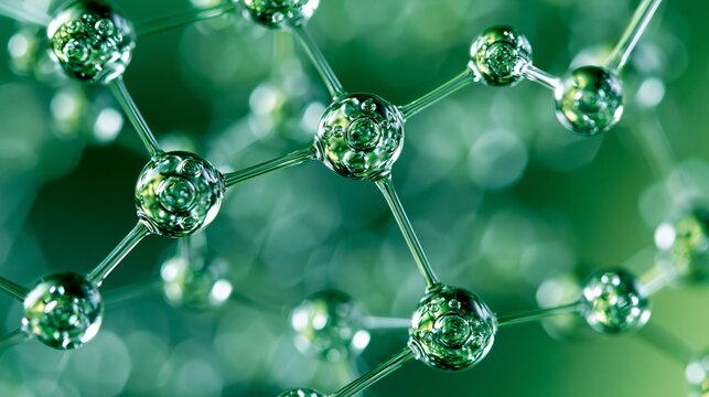 Abstract molecular structure with reflective spheres and links in green light