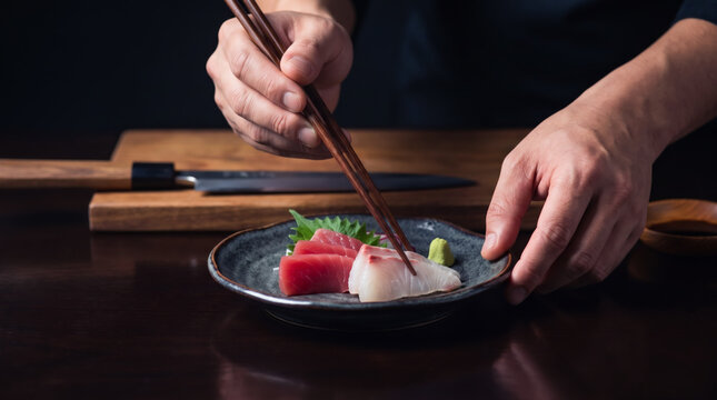 料理人によって高級な器に盛り付けられた鮮度の良い刺身