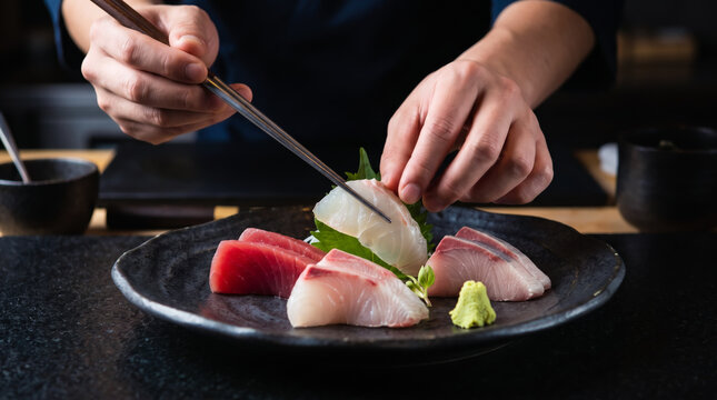 料理人によって高級な器に盛り付けられた鮮度の良い刺身