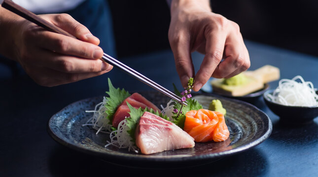 料理人によって高級な器に盛り付けられた鮮度の良い刺身