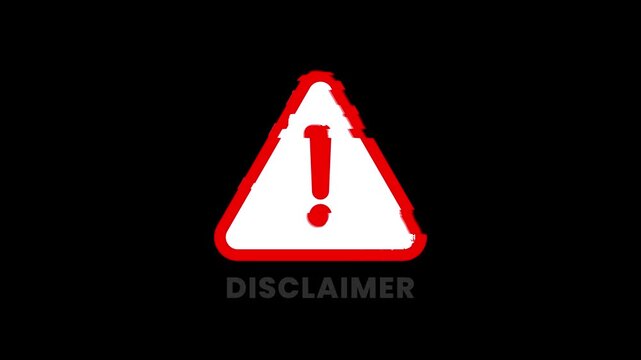 Disclaimer warning sign with digital glitch effect on black background, perfect for legal notices, video intros, and sensitive content warnings. 4K video
