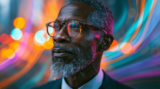 Thoughtful African American man with glasses in vibrant neon light