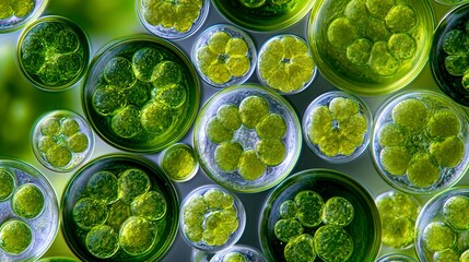 Obraz premium Top view of multiple green algae samples in petri dishes with bright lighting