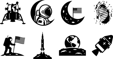Space Exploration Silhouette Icons Featuring Lunar Lander Astronaut And Rocket On Transparent Background © MdJahangir