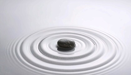 Fototapeta premium Single Black Smooth Pebble in Center of Concentric Ripples on White Surface, Minimalist Zen Abstract Background for Concept of Peace, Balance, and Quietness