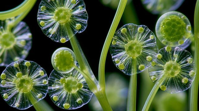 Close-Up of Green Aquatic Plant Spheres with Translucent Light Effects