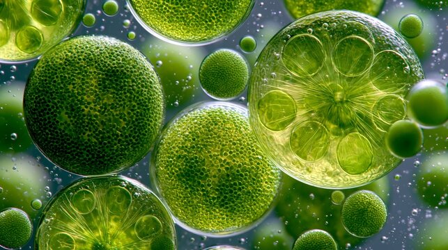 Close-up of green algae cells under microscope with vibrant lighting