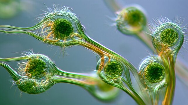 Close-up macro photography of green aquatic microorganisms in water
