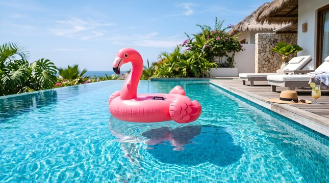 A fun pink flamingo pool floatie drifting in a modern infinity swimming pool of a luxury beachside resort villa.