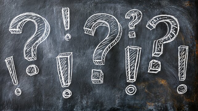 Chalk-drawn question marks and exclamation points on blackboard background