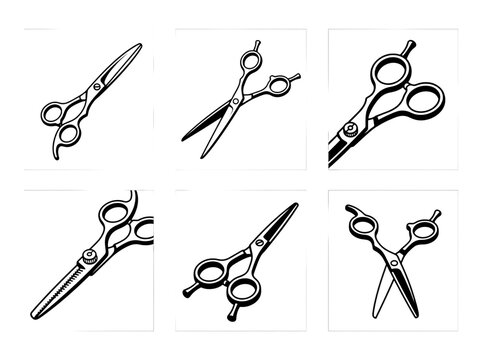 Six professional hair cutting scissor icons displayed in various sharp angles and detailed styles for beauty salons or barber shop design projects presented as a collection of isolated on transparent 