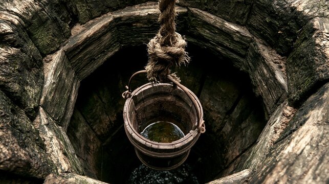 Old stone well with wooden bucket and rope in natural outdoor setting