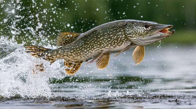 Lively northern pike jumping out of water in natural river environment