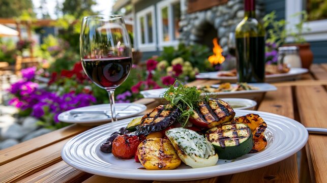 Grilled Vegetable Platter with Wine Glass on Outdoor Patio Table