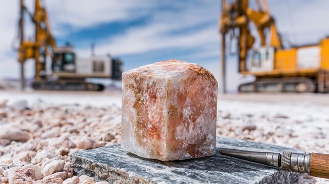 Close-up of salt crystal cube on rocky surface with blurred mining equipment