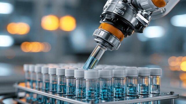 Automated robotic arm handling medical vials in laboratory environment