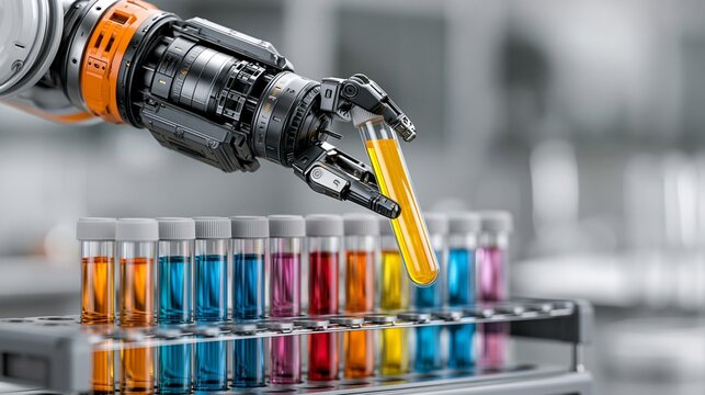 Robotic arm holding test tube for colorful chemical analysis in modern lab