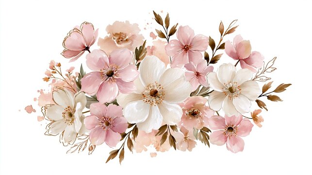 Delicate pink and white floral arrangement with soft petals and green leaves on white