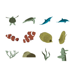 Obraz premium Underwater sea animals clipart collection 25, vector flat illustration set of fish dolphins and marine creatures for ocean design
