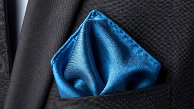 Elegant blue silk pocket square in black suit jacket pocket close-up