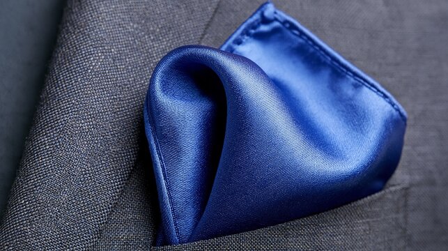 Elegant blue silk pocket square on dark formal suit lapel