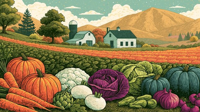 Harvested Autumn Vegetables Display with Farm Landscape Background