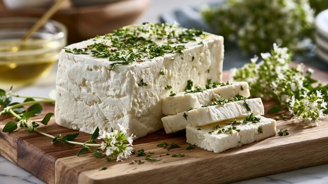 Fresh feta cheese block sliced with herbs on wooden cutting board