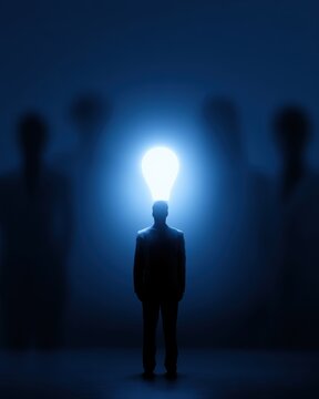 One bright leader standing among dark silhouettes, symbolizing innovation and differentiation