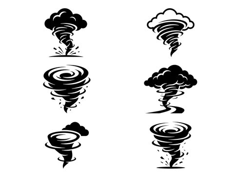 Six distinct black and white vector icons featuring swirling tornado shapes and powerful storm clouds designed with clean minimalist lines for professional graphic design projects displayed on a plain