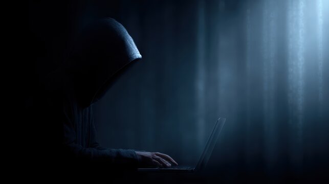 hooded hacker using laptop with digital warning symbols cyber attack concept