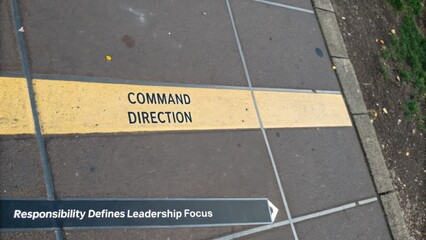 Fototapeta premium Yellow Line on Sidewalk with Words Command and Direction Depicting Leadership and Responsibility in Urban Setting