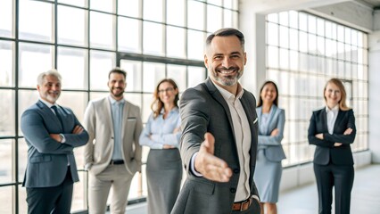 Obraz premium Professional Business Team Portrait with Confident Leader. Corporate Group in Modern Office Setting