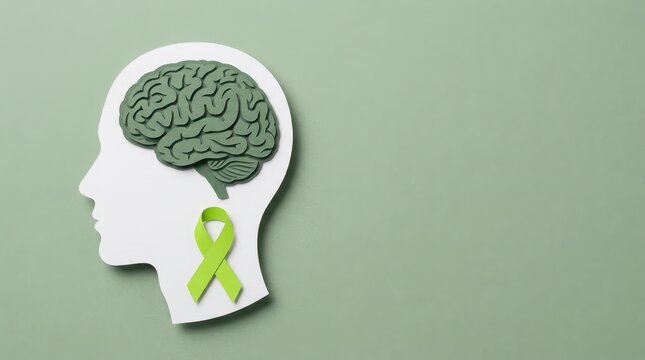 World Mental Health Day Paper cut out human head silhouette with green awareness ribbon and brain for mental health awareness and medical education