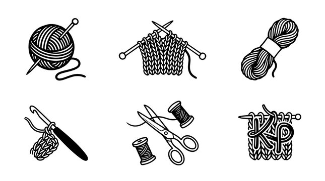 Collection of black and white knitting yarn balls crochet hooks rope and tangled thread icons representing various fiber arts supplies and craft hobbies presented as simple vector symbols on transpare