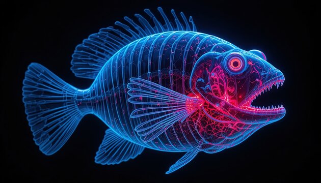 Bioluminescent fish skeleton glows with vibrant internal structures.