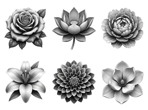 Detailed collection of six beautiful monochrome botanical illustrations featuring a rose lily orchid tulip hibiscus and daisy rendered with elegant shading and artistic precision isolated as individua