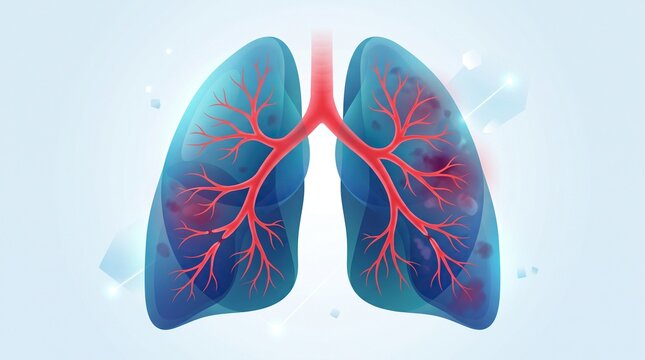 A digital illustration of human lungs shows bronchitis inflammation within the respiratory system structure, medical visualization, pulmonary health. Lung anatomy, internal organs.
