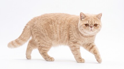 An orange and cream Exotic Shorthair cat walking across a white background.