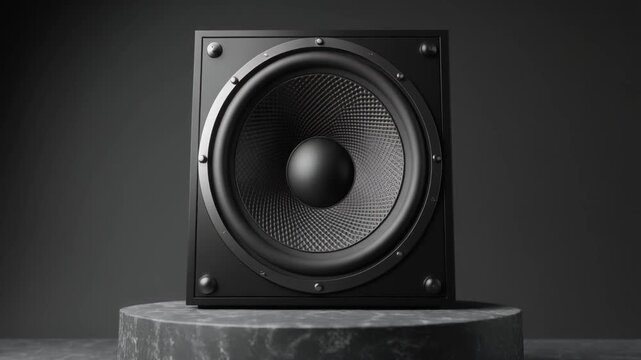 Black professional audio subwoofer speaker displayed on a textured stone podium in a studio