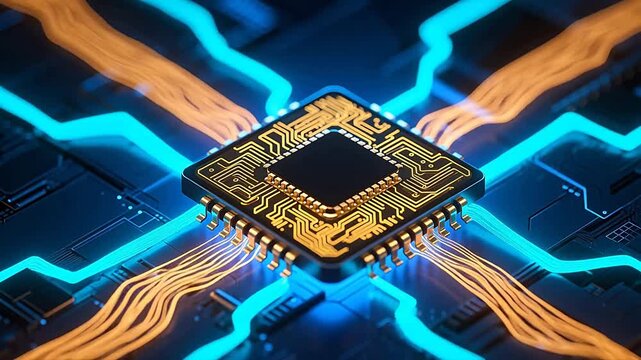 Golden processor on glowing circuit board