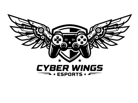 Gaming Controller Mechanical Wings Mascot Silhouette. Console Game Esports Team Logo Vector Icon.