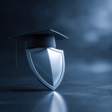 cybersecurity education concept shield with lock and graduation cap digital protection learning theme